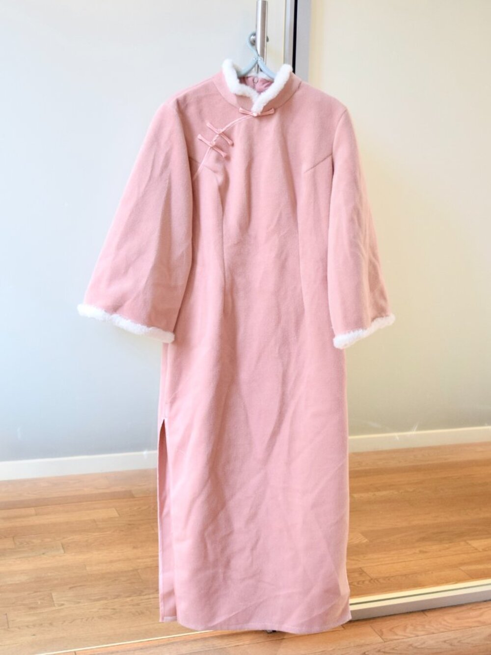 Pink Brushed Fleece Fur Trim Long Qipao - Chinese Traditional Winter Dress